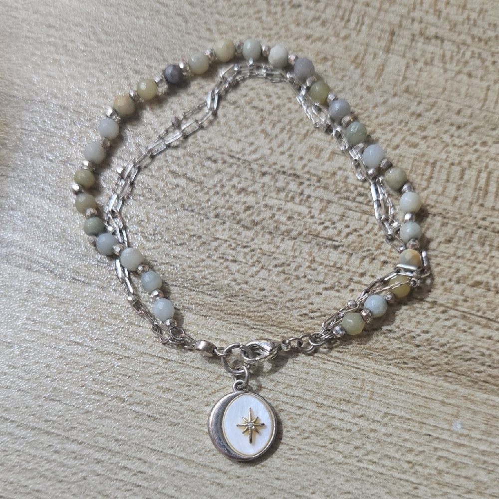 LA CN Tri-strand Chain Beaded Bracelet with Star& Moon Charm Dainty 💫
